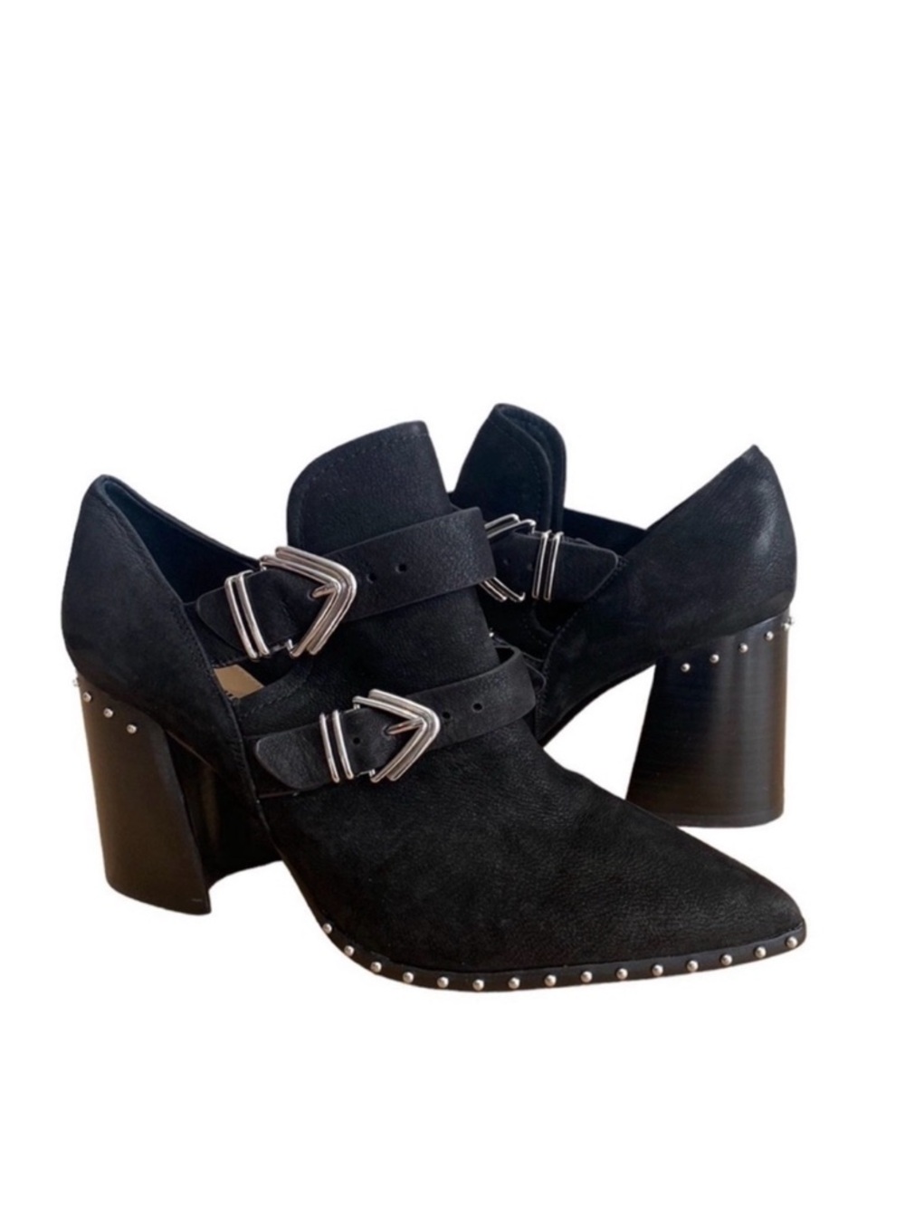Gianni Bini Black Suede Pointed Ankle Booties with Buckle Straps